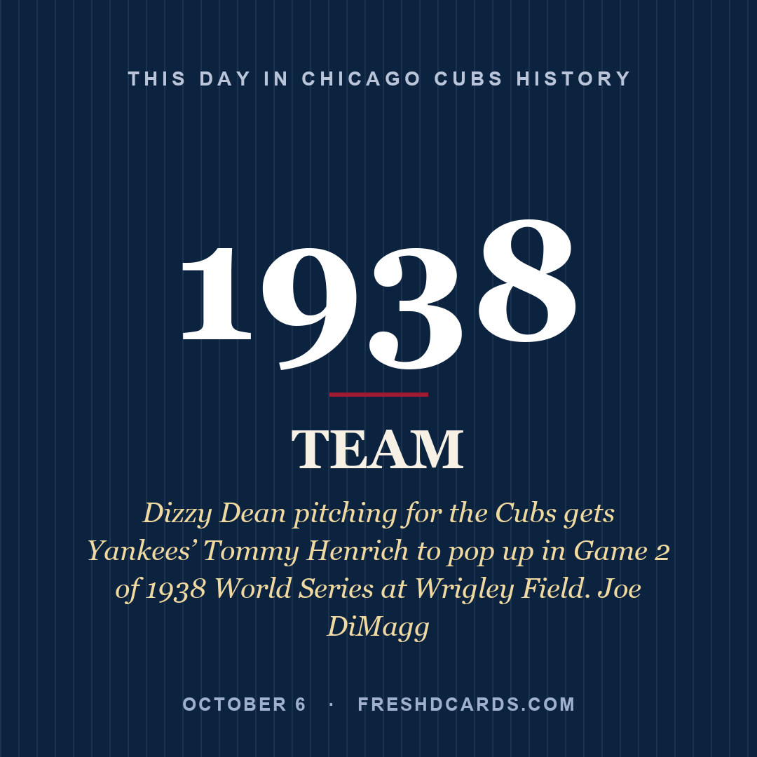 Chicago Cubs: Chicago Cubs, 1938, Dizzy Dean pitching for the Cubs gets Yankees’ Tommy Henrich to pop up in Game 2 of 1938 World Series at Wrigley Field. Joe DiMagg