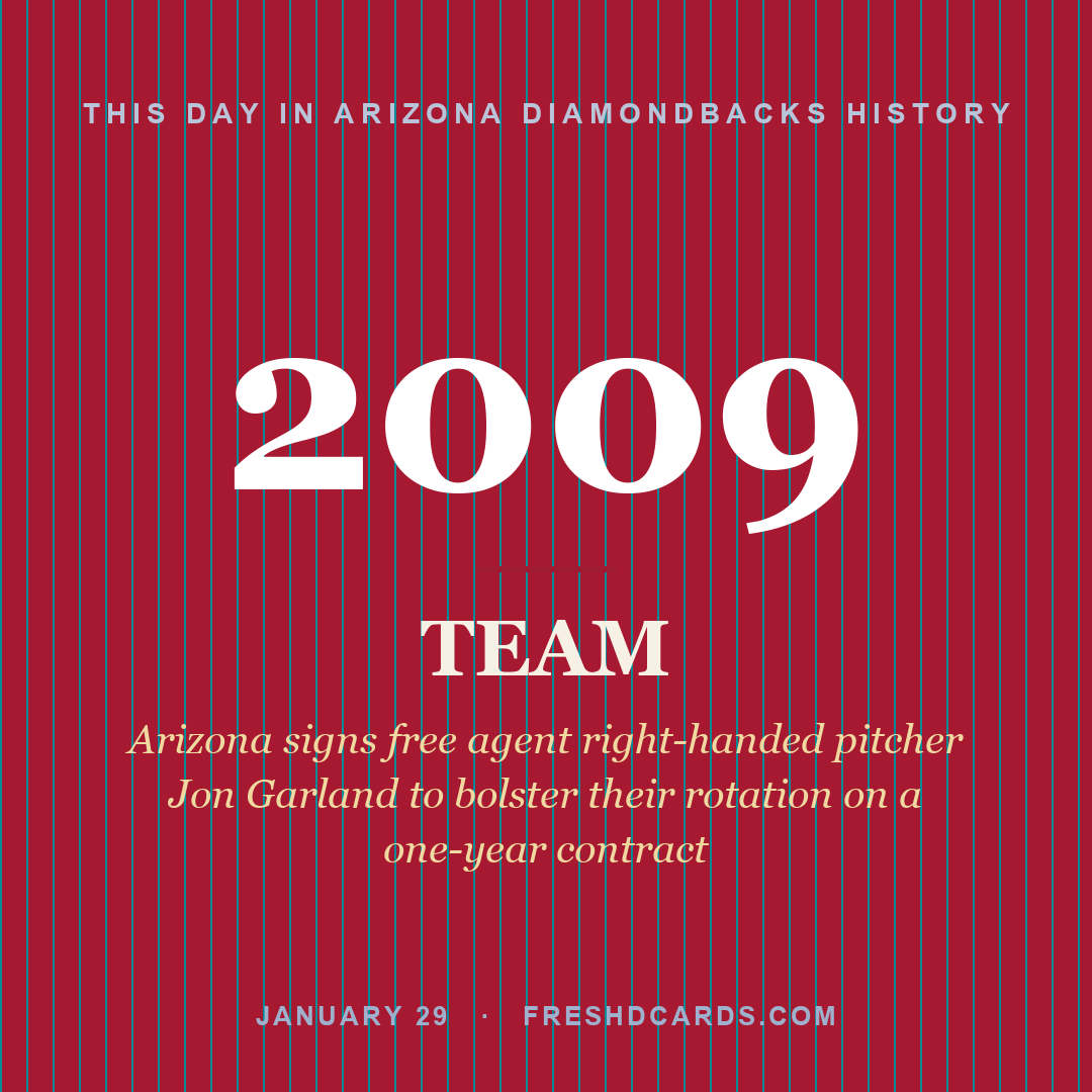 Arizona Diamondbacks: Arizona Diamondbacks, 2009, Arizona signs free agent right-handed pitcher Jon Garland to bolster their rotation on a one-year contract