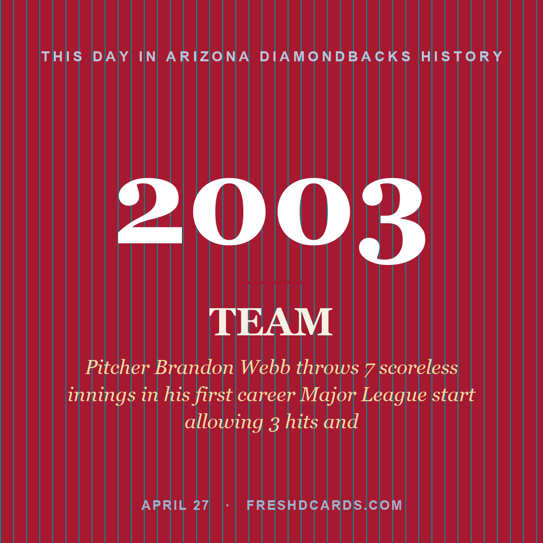 Arizona Diamondbacks: Arizona Diamondbacks, 2003, Pitcher Brandon Webb throws 7 scoreless innings in his first career Major League start allowing 3 hits and