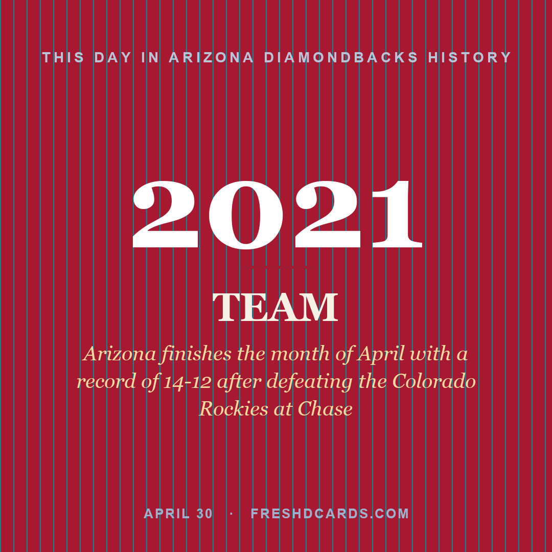 Arizona Diamondbacks: Arizona Diamondbacks, 2021, Arizona finishes the month of April with a record of 14-12 after defeating the Colorado Rockies at Chase