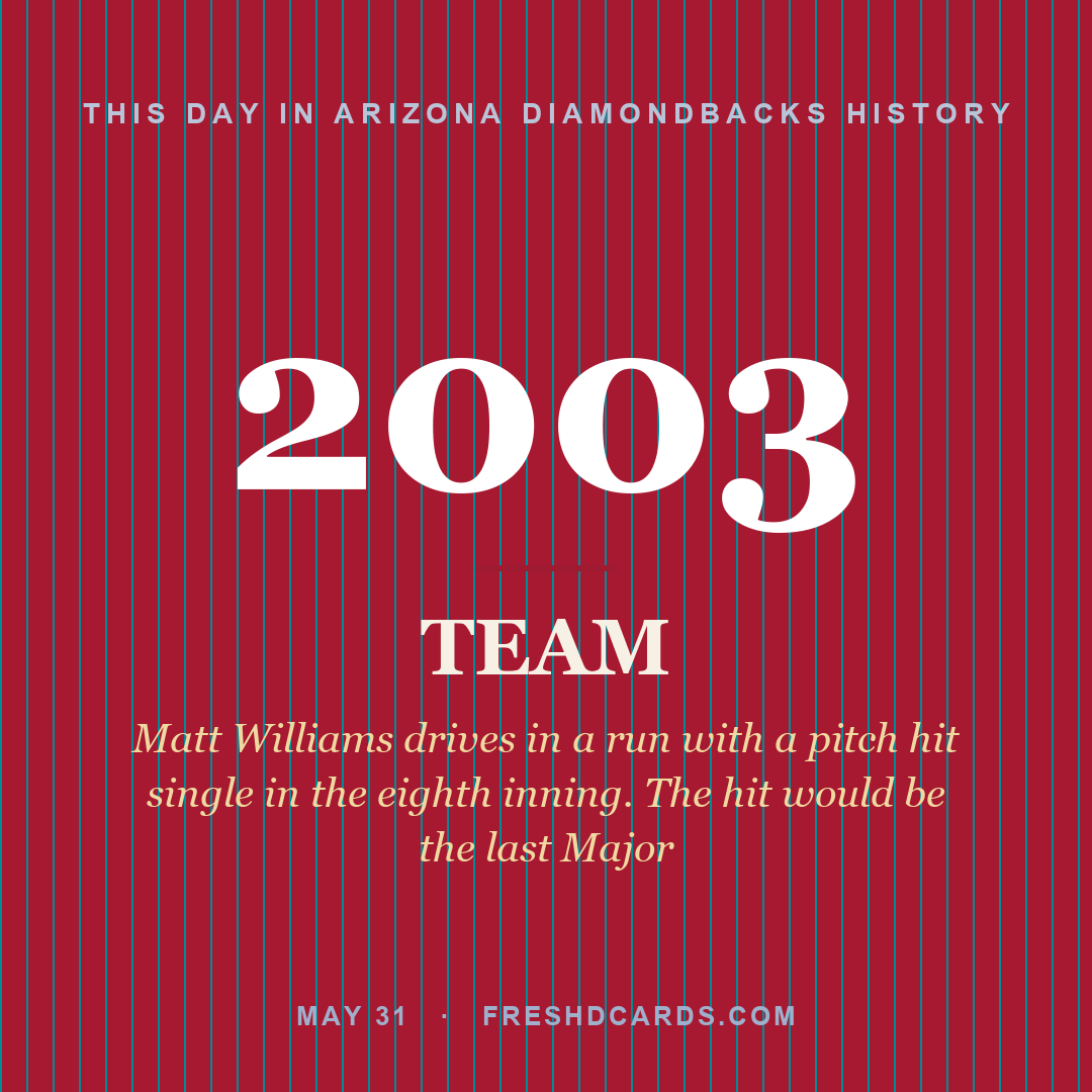 Arizona Diamondbacks: Arizona Diamondbacks, 2003, Matt Williams drives in a run with a pitch hit single in the eighth inning. The hit would be the last Major
