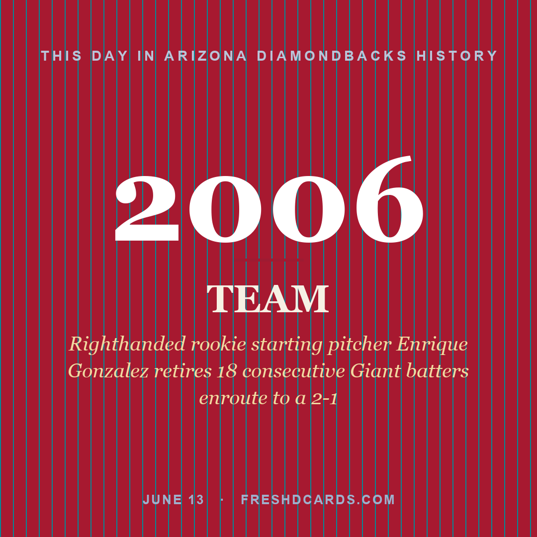 Arizona Diamondbacks: Arizona Diamondbacks, 2006, Righthanded rookie starting pitcher Enrique Gonzalez retires 18 consecutive Giant batters enroute to a 2-1