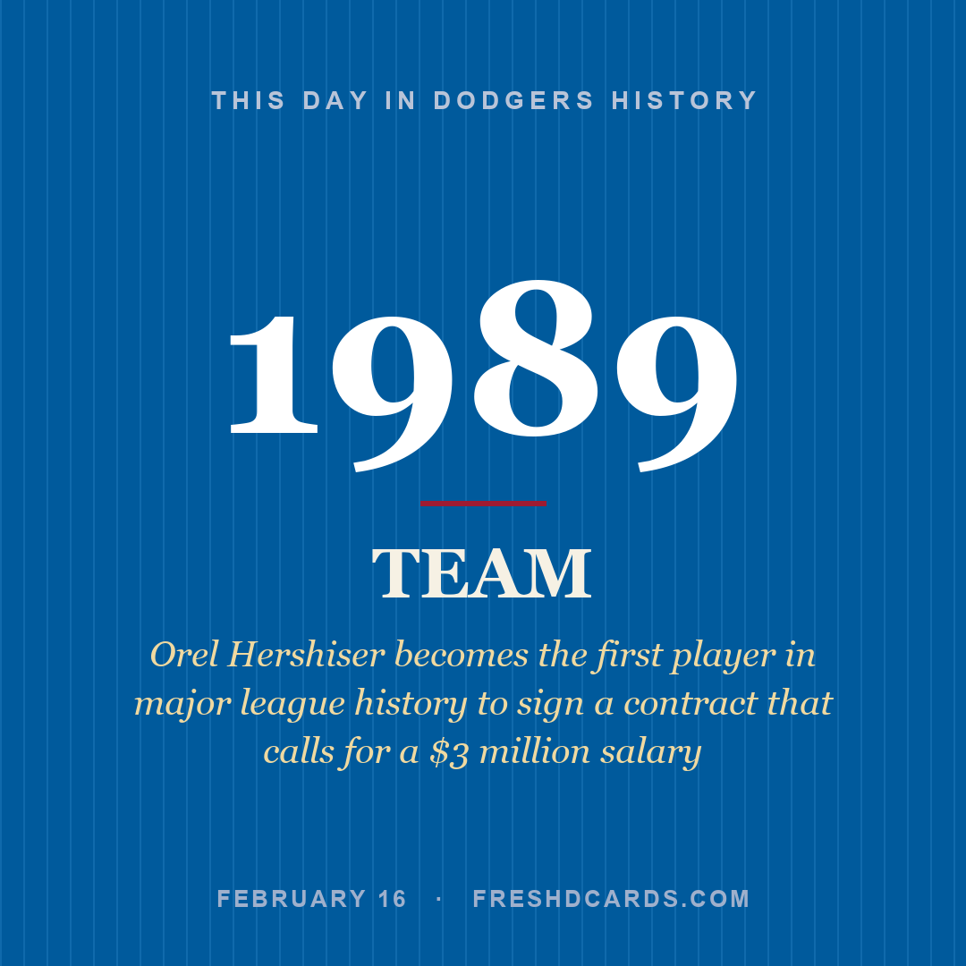 Dodgers: Dodgers, 1989, Orel Hershiser becomes the first player in major league history to sign a contract that calls for a $3 million salary
