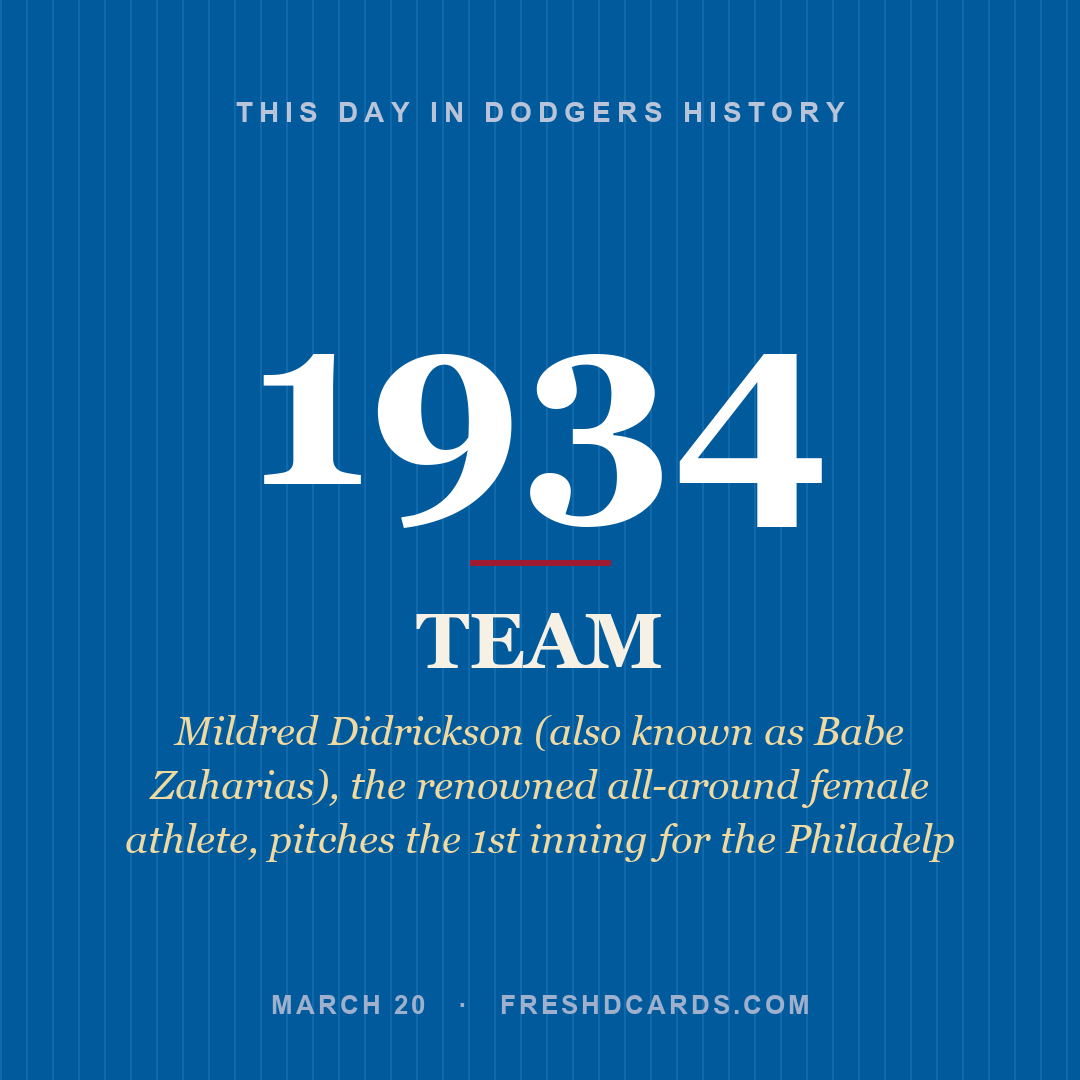 Dodgers: Dodgers, 1934, Mildred Didrickson (also known as Babe Zaharias), the renowned all-around female athlete, pitches the 1st inning for the Philadelp
