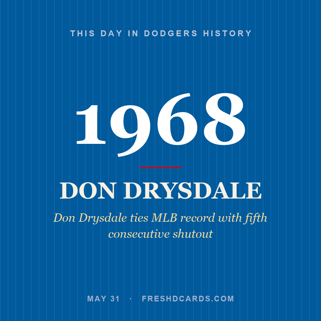 Dodgers: Don Drysdale, 1968, Don Drysdale ties MLB record with fifth consecutive shutout