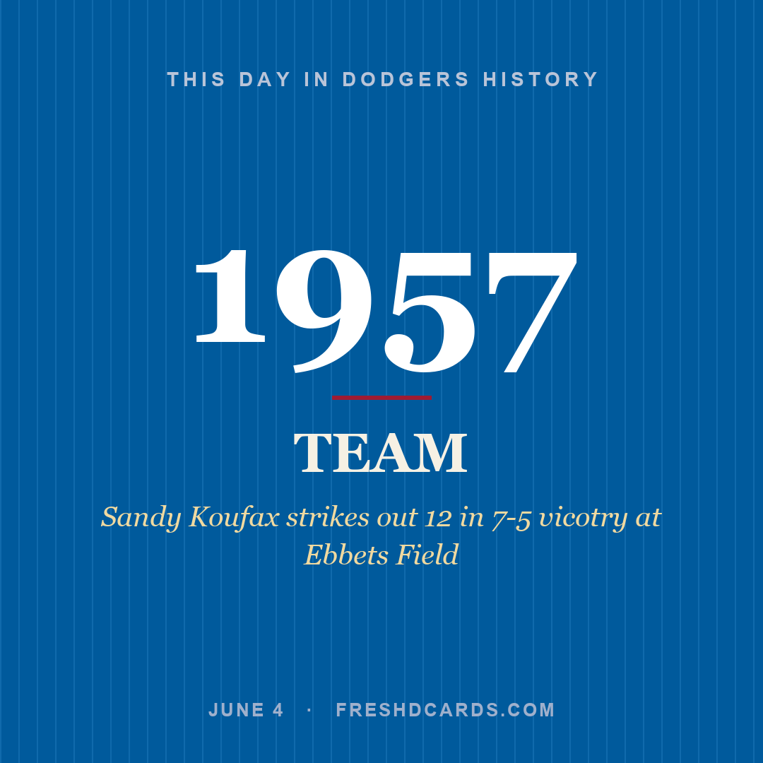 Dodgers: Dodgers, 1957, Sandy Koufax strikes out 12 in 7-5 vicotry at Ebbets Field