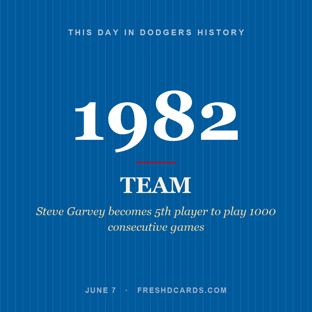 Dodgers: Dodgers, 1982, Steve Garvey becomes 5th player to play 1000 consecutive games