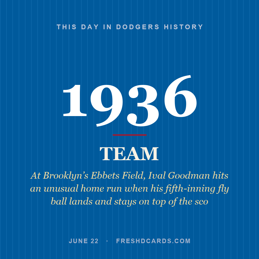 Dodgers: Dodgers, 1936, At Brooklyn’s Ebbets Field, Ival Goodman hits an unusual home run when his fifth-inning fly ball lands and stays on top of the sco