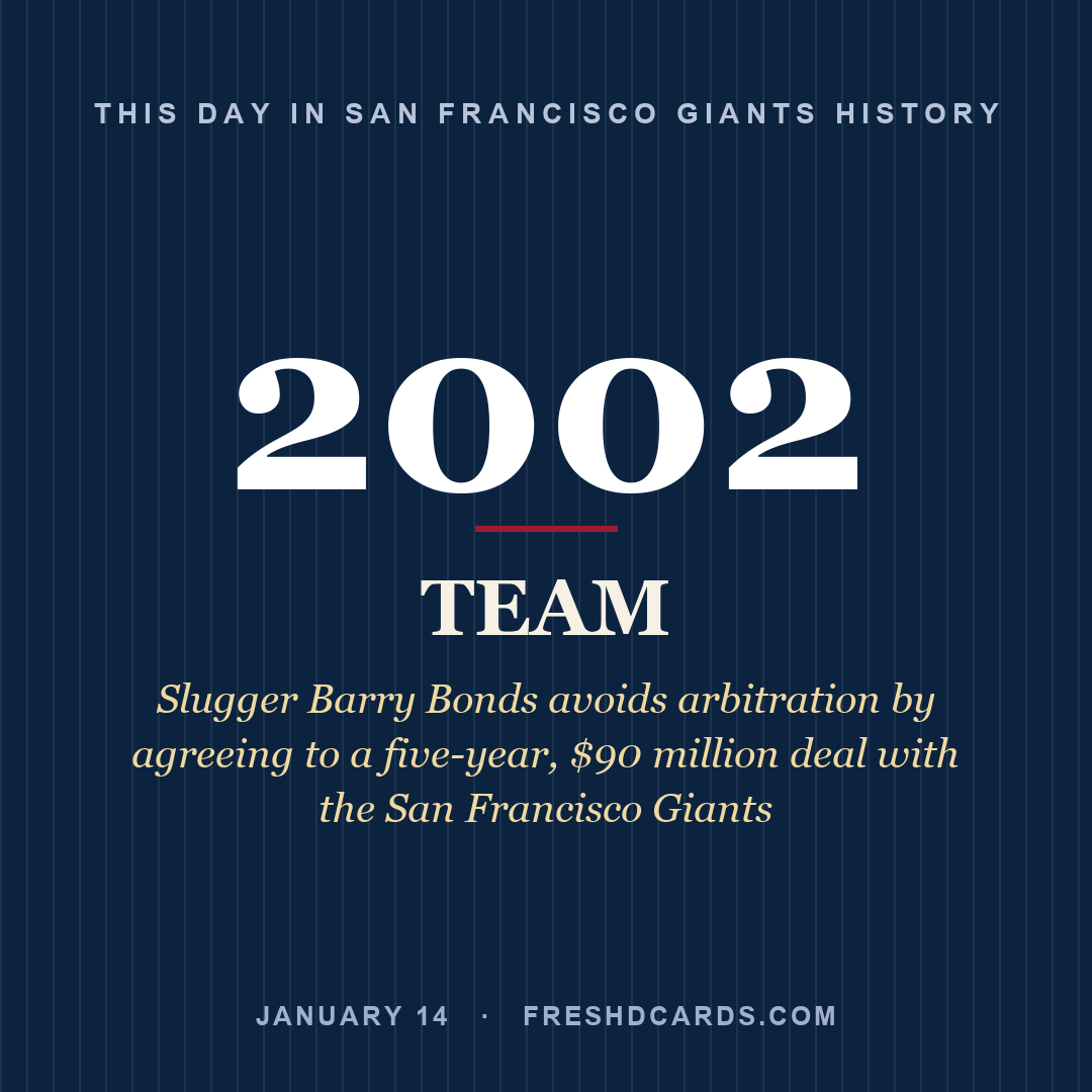 San Francisco Giants: San Francisco Giants, 2002, Slugger Barry Bonds avoids arbitration by agreeing to a five-year, $90 million deal with the San Francisco Giants