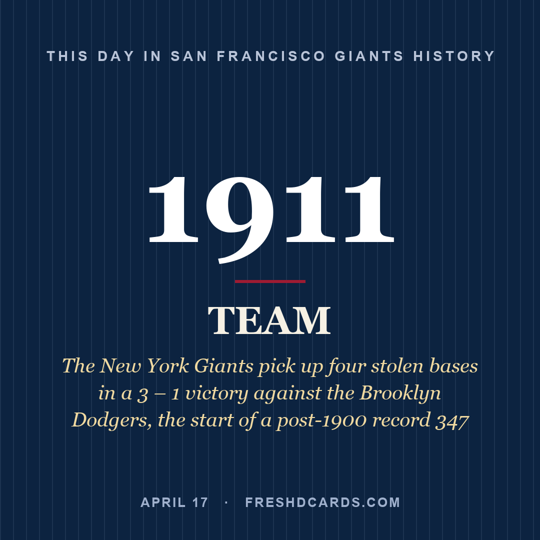 San Francisco Giants: San Francisco Giants, 1911, The New York Giants pick up four stolen bases in a 3 – 1 victory against the Brooklyn Dodgers, the start of a post-1900 record 347