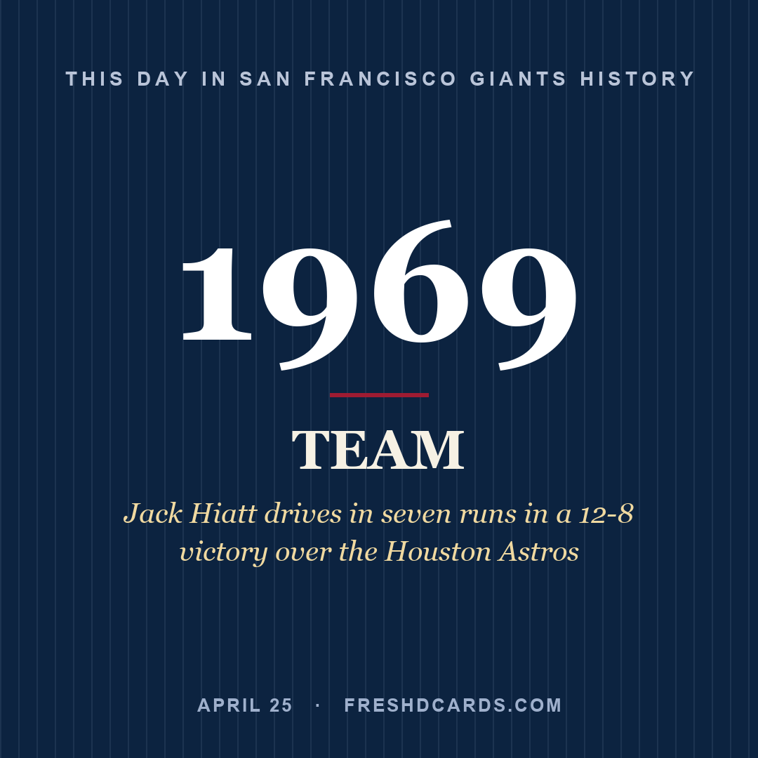 San Francisco Giants: San Francisco Giants, 1969, Jack Hiatt drives in seven runs in a 12-8 victory over the Houston Astros