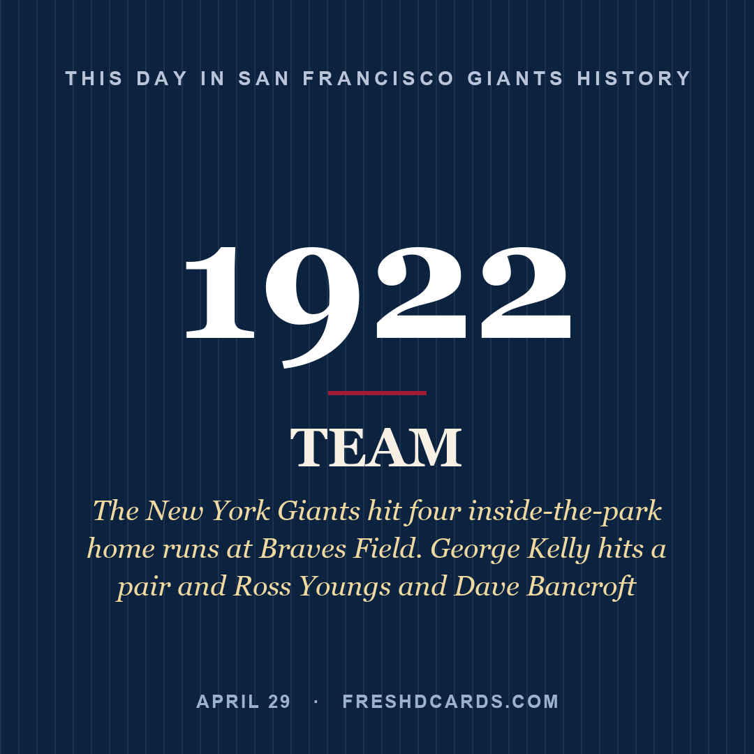 San Francisco Giants: San Francisco Giants, 1922, The New York Giants hit four inside-the-park home runs at Braves Field. George Kelly hits a pair and Ross Youngs and Dave Bancroft