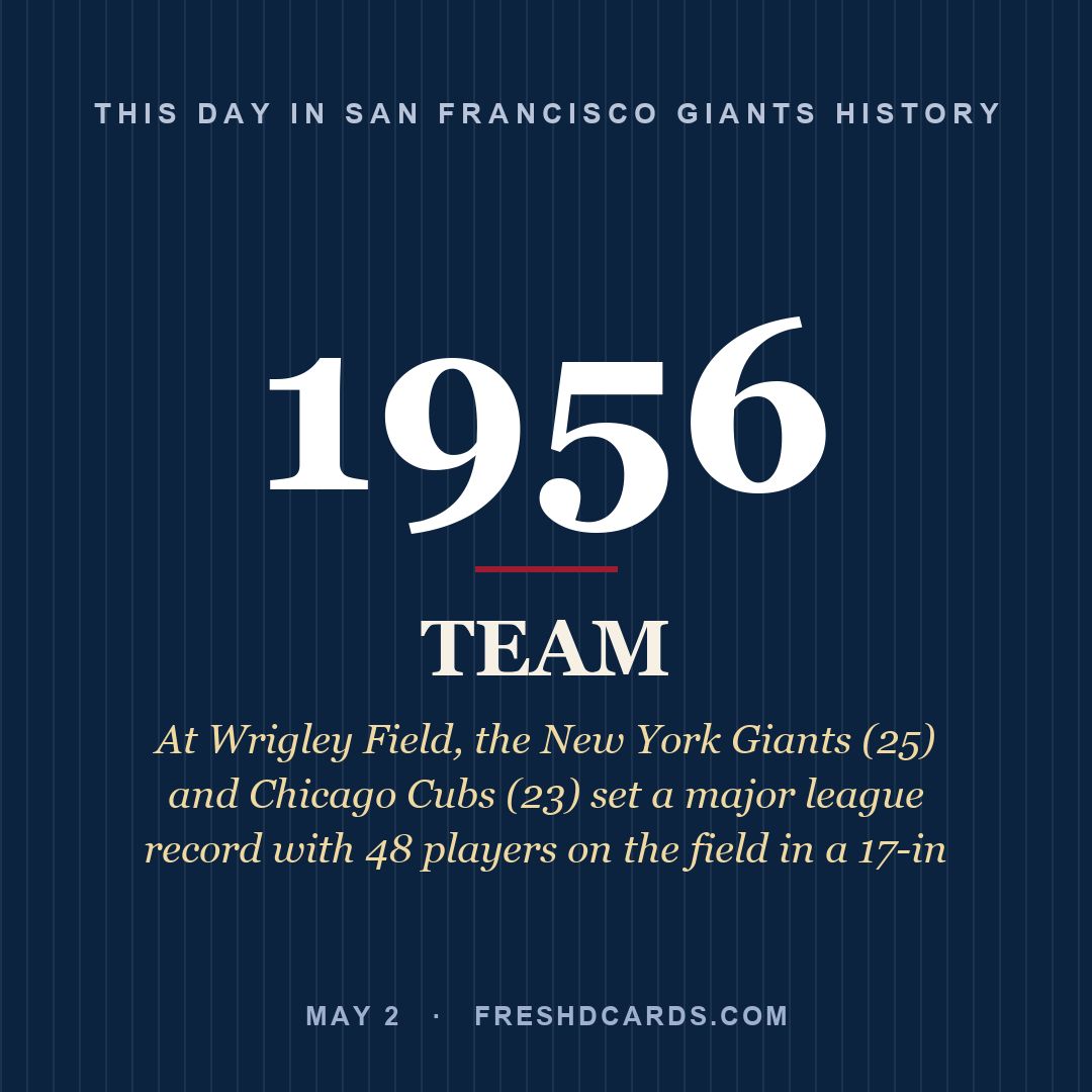 San Francisco Giants: San Francisco Giants, 1956, At Wrigley Field, the New York Giants (25) and Chicago Cubs (23) set a major league record with 48 players on the field in a 17-in