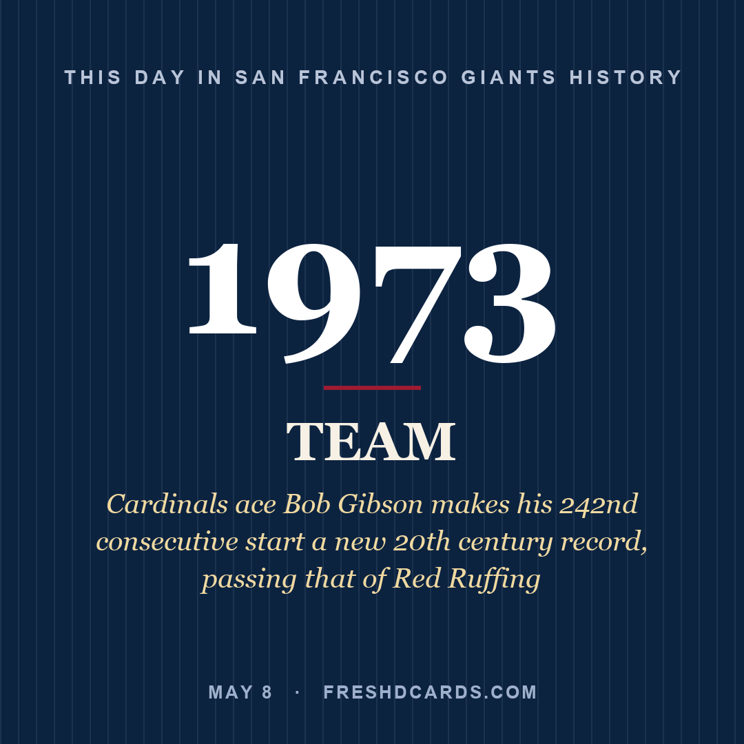 San Francisco Giants: San Francisco Giants, 1973, Cardinals ace Bob Gibson makes his 242nd consecutive start a new 20th century record, passing that of Red Ruffing