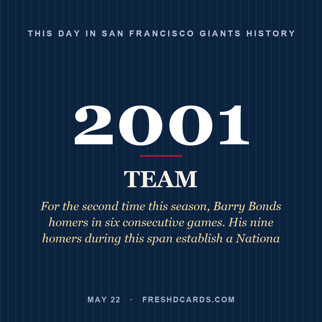 San Francisco Giants: San Francisco Giants, 2001, For the second time this season, Barry Bonds homers in six consecutive games. His nine homers during this span establish a Nationa