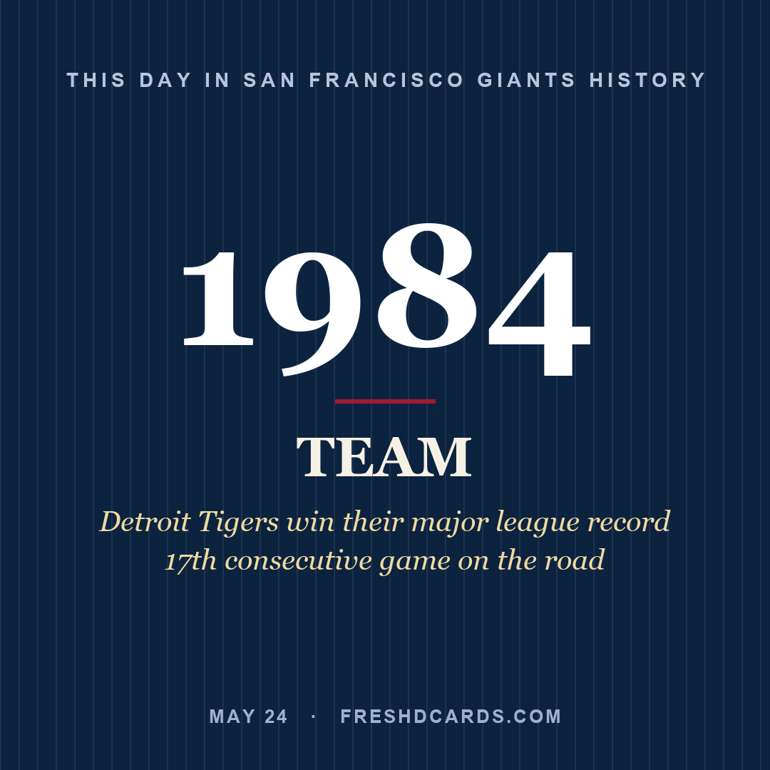 San Francisco Giants: San Francisco Giants, 1984, Detroit Tigers win their major league record 17th consecutive game on the road