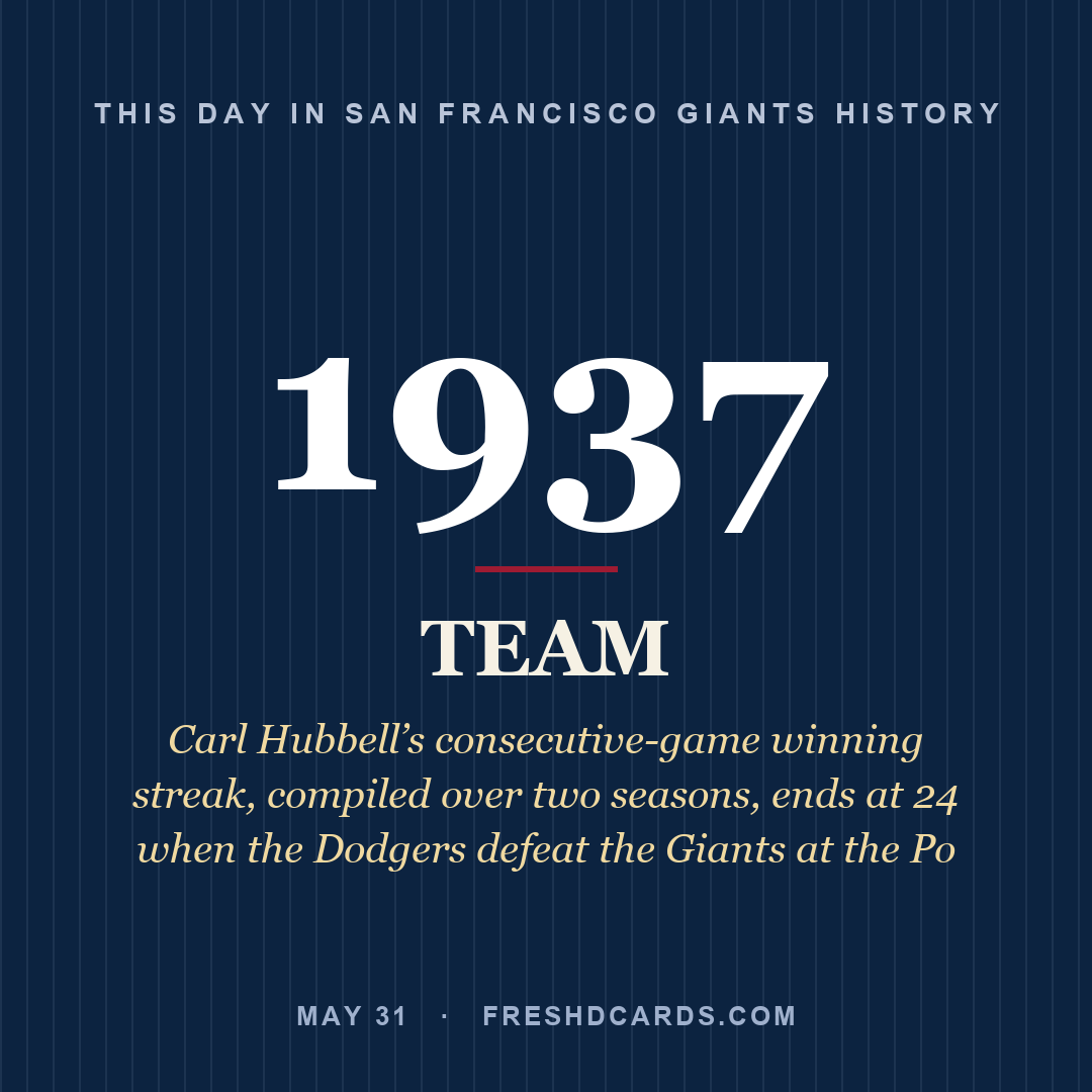 San Francisco Giants: San Francisco Giants, 1937, Carl Hubbell’s consecutive-game winning streak, compiled over two seasons, ends at 24 when the Dodgers defeat the Giants at the Po