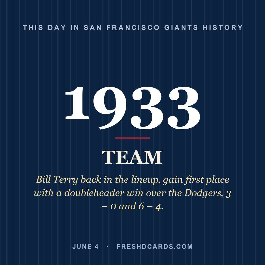 San Francisco Giants: San Francisco Giants, 1933, Bill Terry back in the lineup‚ gain first place with a doubleheader win over the Dodgers‚ 3 – 0 and 6 – 4.
