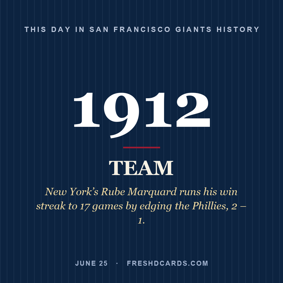 San Francisco Giants: San Francisco Giants, 1912, New York’s Rube Marquard runs his win streak to 17 games by edging the Phillies, 2 – 1.