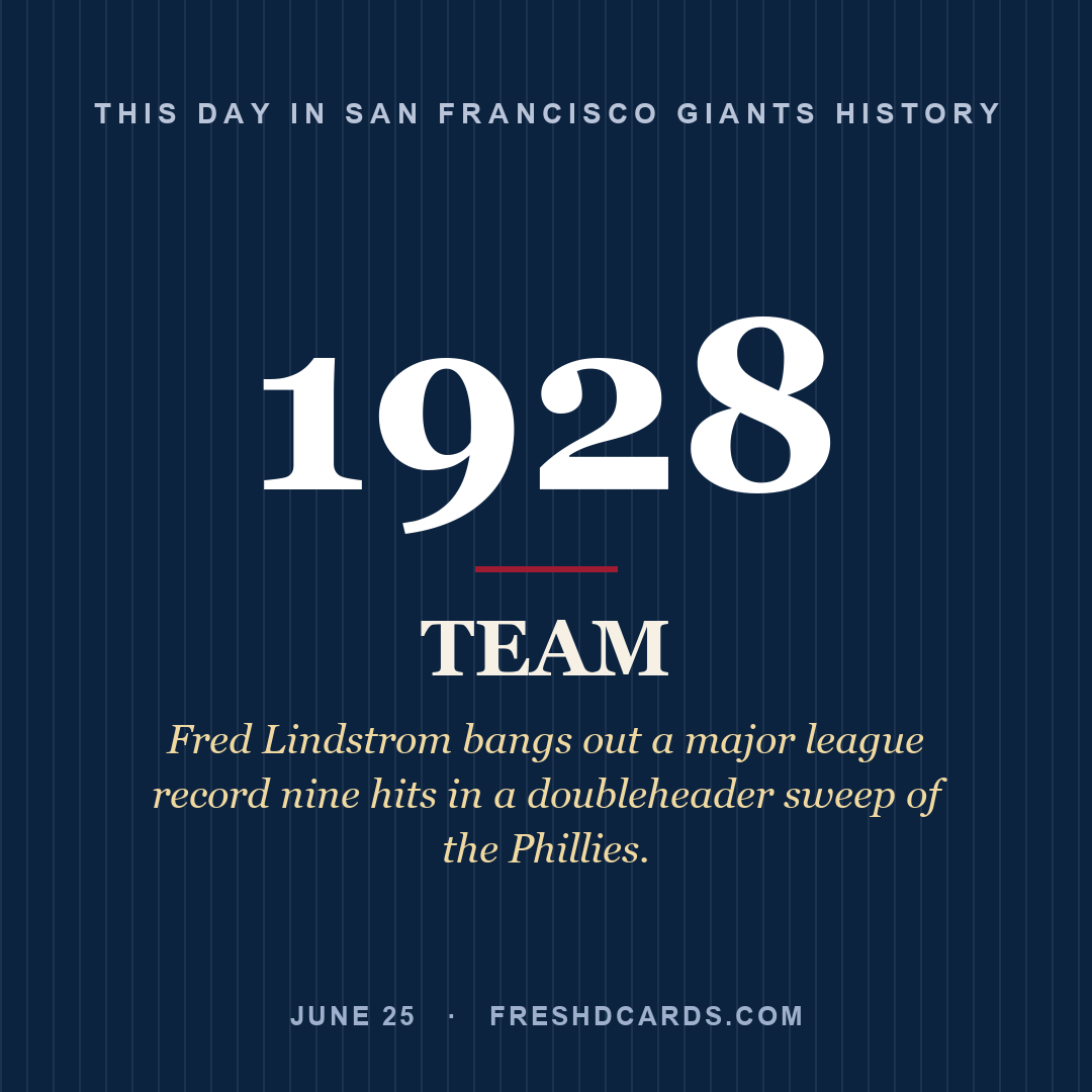 San Francisco Giants: San Francisco Giants, 1928, Fred Lindstrom bangs out a major league record nine hits in a doubleheader sweep of the Phillies.