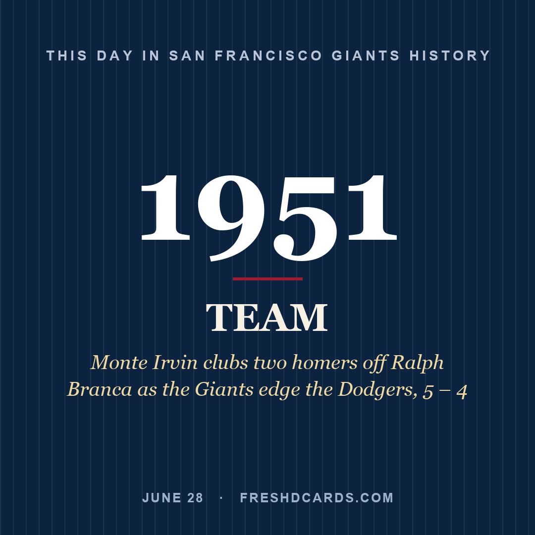 San Francisco Giants: San Francisco Giants, 1951, Monte Irvin clubs two homers off Ralph Branca as the Giants edge the Dodgers, 5 – 4