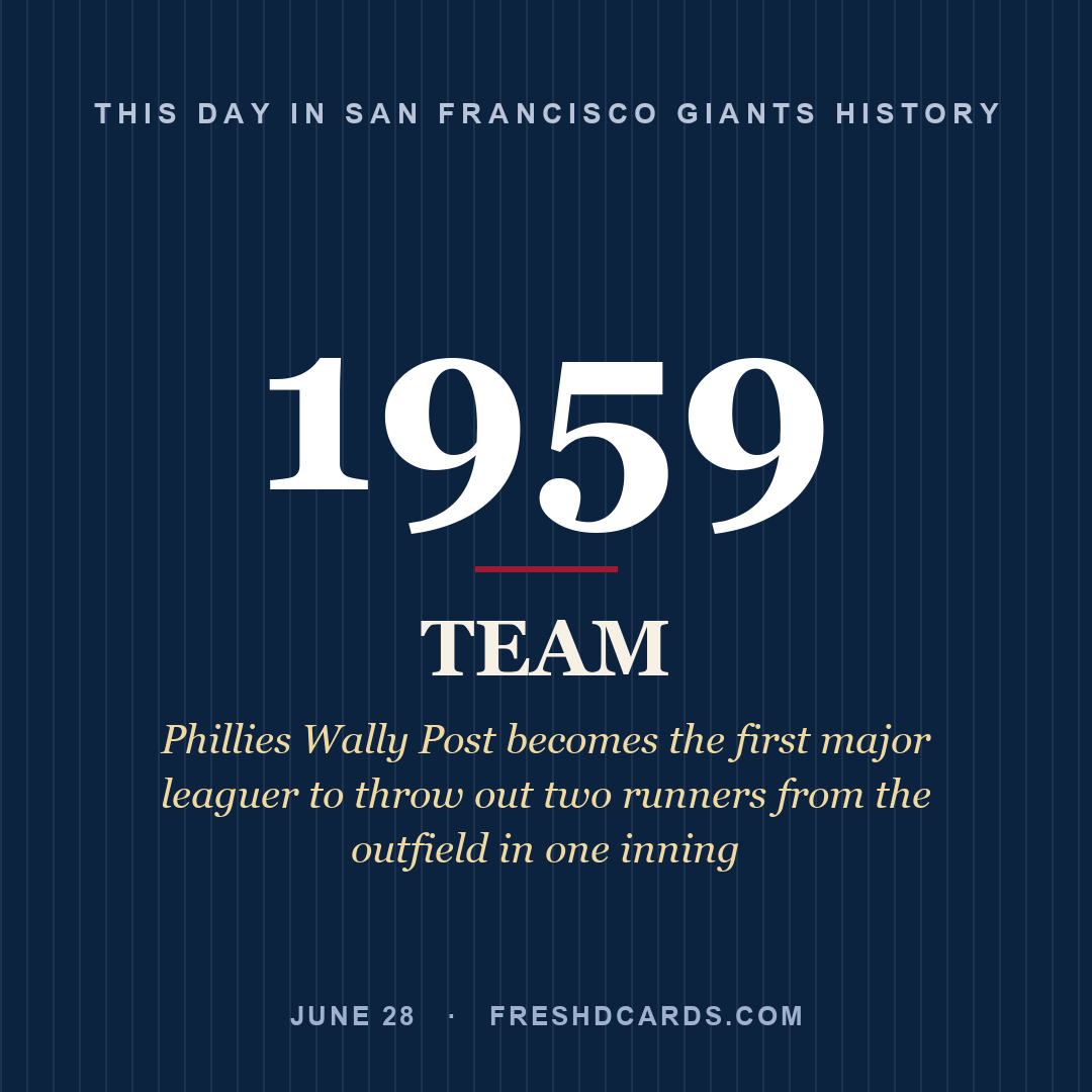 San Francisco Giants: San Francisco Giants, 1959, Phillies Wally Post becomes the first major leaguer to throw out two runners from the outfield in one inning