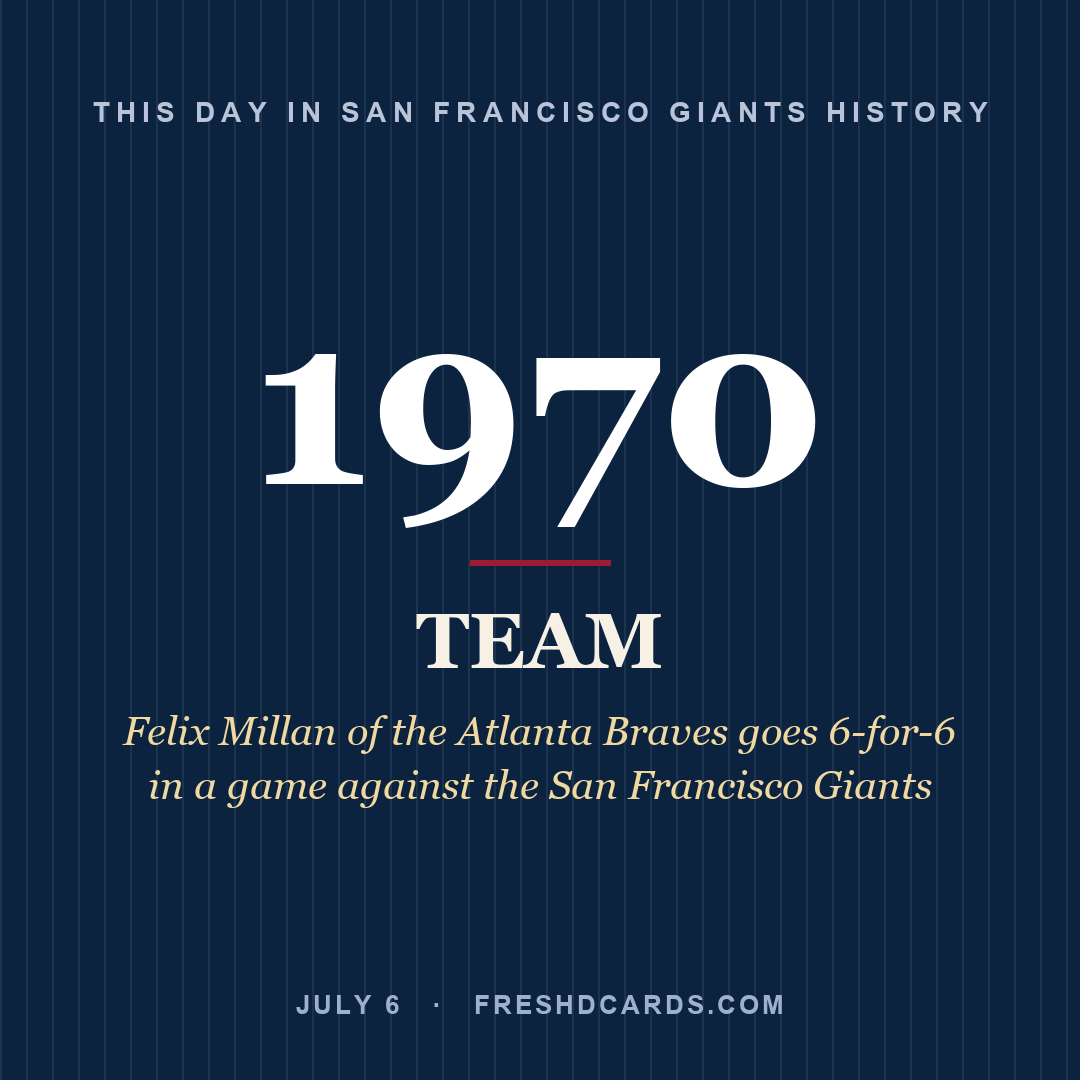San Francisco Giants: San Francisco Giants, 1970, Felix Millan of the Atlanta Braves goes 6-for-6 in a game against the San Francisco Giants
