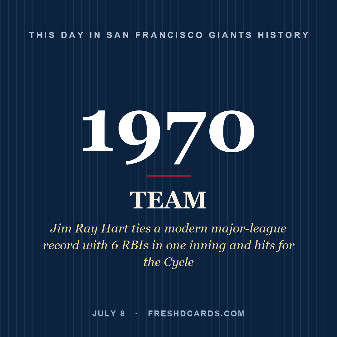 San Francisco Giants: San Francisco Giants, 1970, Jim Ray Hart ties a modern major-league record with 6 RBIs in one inning and hits for the Cycle