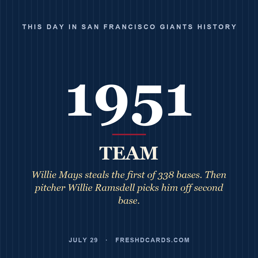 San Francisco Giants: San Francisco Giants, 1951, Willie Mays steals the first of 338 bases. Then pitcher Willie Ramsdell picks him off second base.
