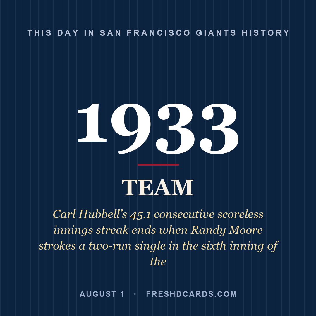San Francisco Giants: San Francisco Giants, 1933, Carl Hubbell’s 45.1 consecutive scoreless innings streak ends when Randy Moore strokes a two-run single in the sixth inning of the