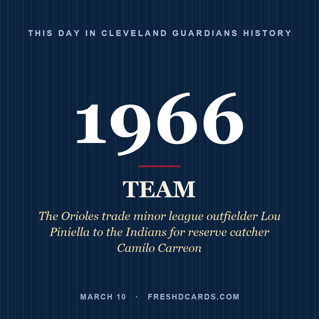 Cleveland Guardians: Cleveland Guardians, 1966, The Orioles trade minor league outfielder Lou Piniella to the Indians for reserve catcher Camilo Carreon