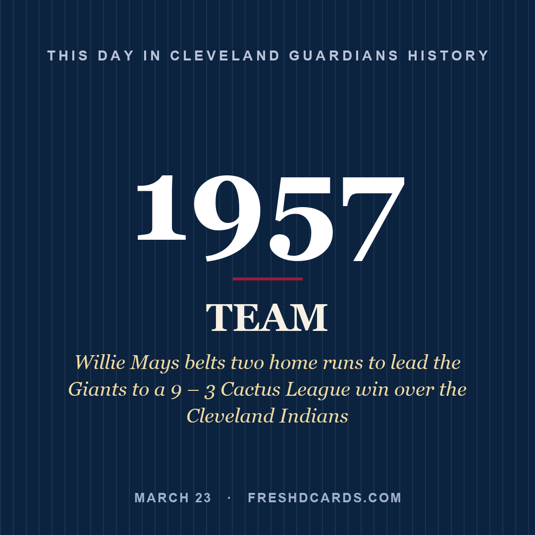 Cleveland Guardians: Cleveland Guardians, 1957, Willie Mays belts two home runs to lead the Giants to a 9 – 3 Cactus League win over the Cleveland Indians