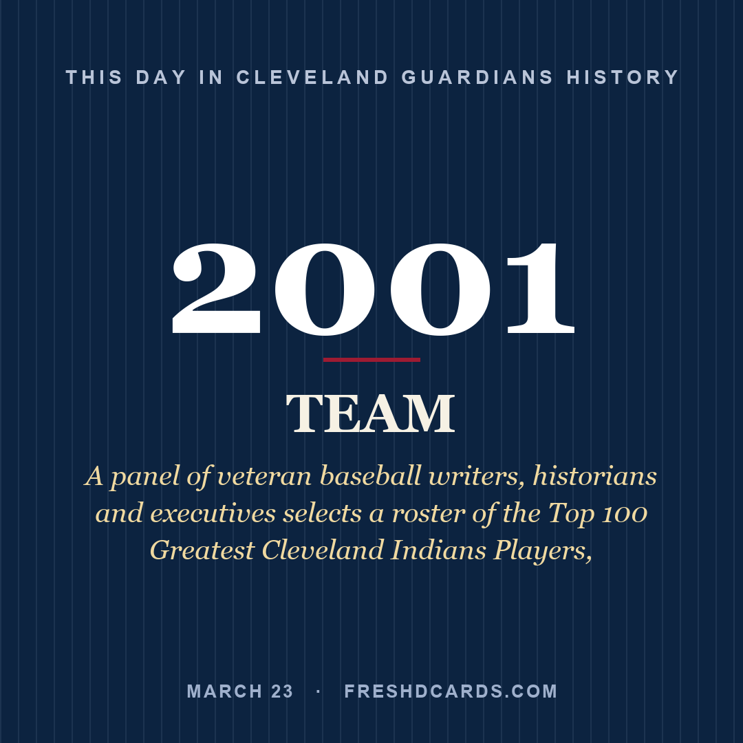 Cleveland Guardians: Cleveland Guardians, 2001, A panel of veteran baseball writers, historians and executives selects a roster of the Top 100 Greatest Cleveland Indians Players,