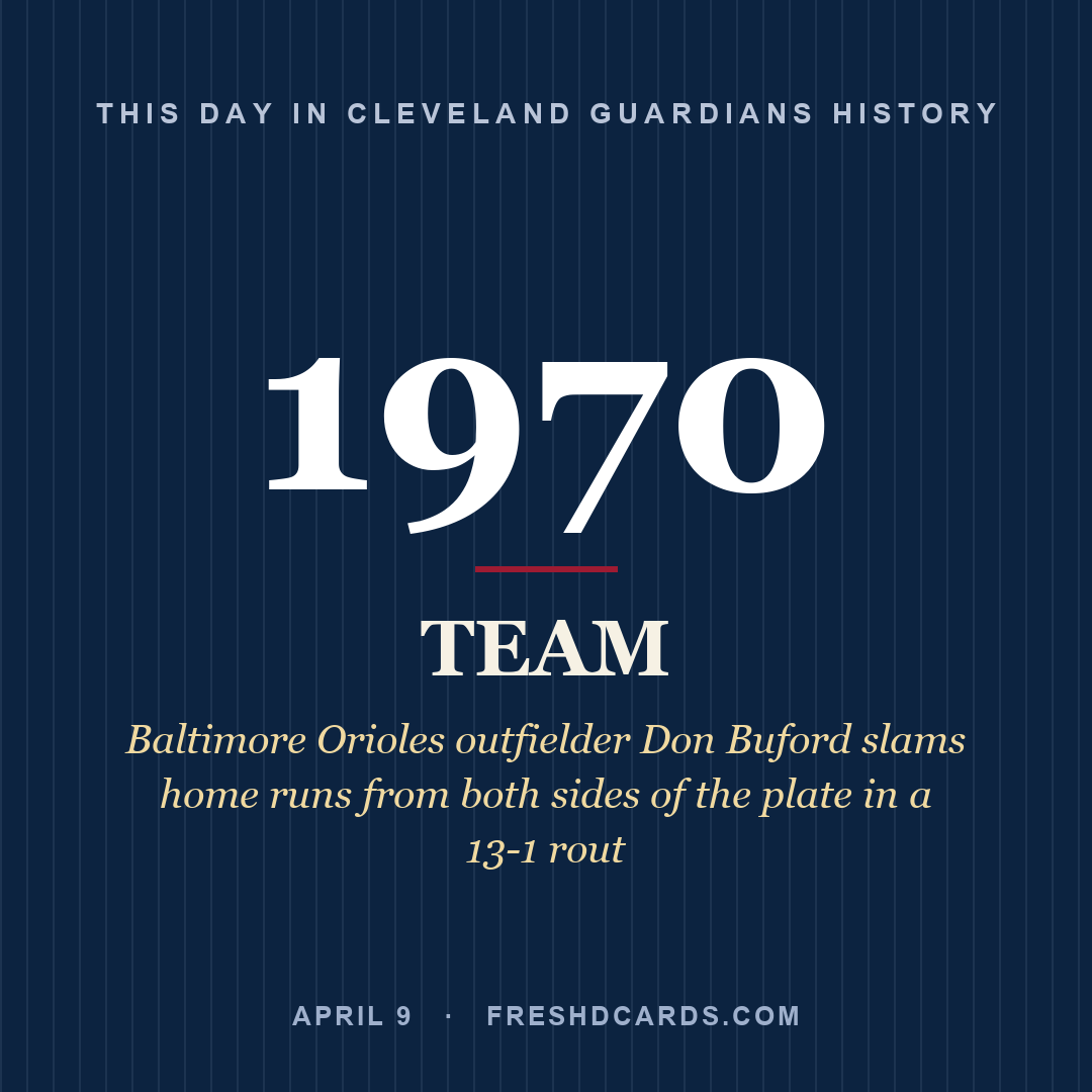 Cleveland Guardians: Cleveland Guardians, 1970, Baltimore Orioles outfielder Don Buford slams home runs from both sides of the plate in a 13-1 rout