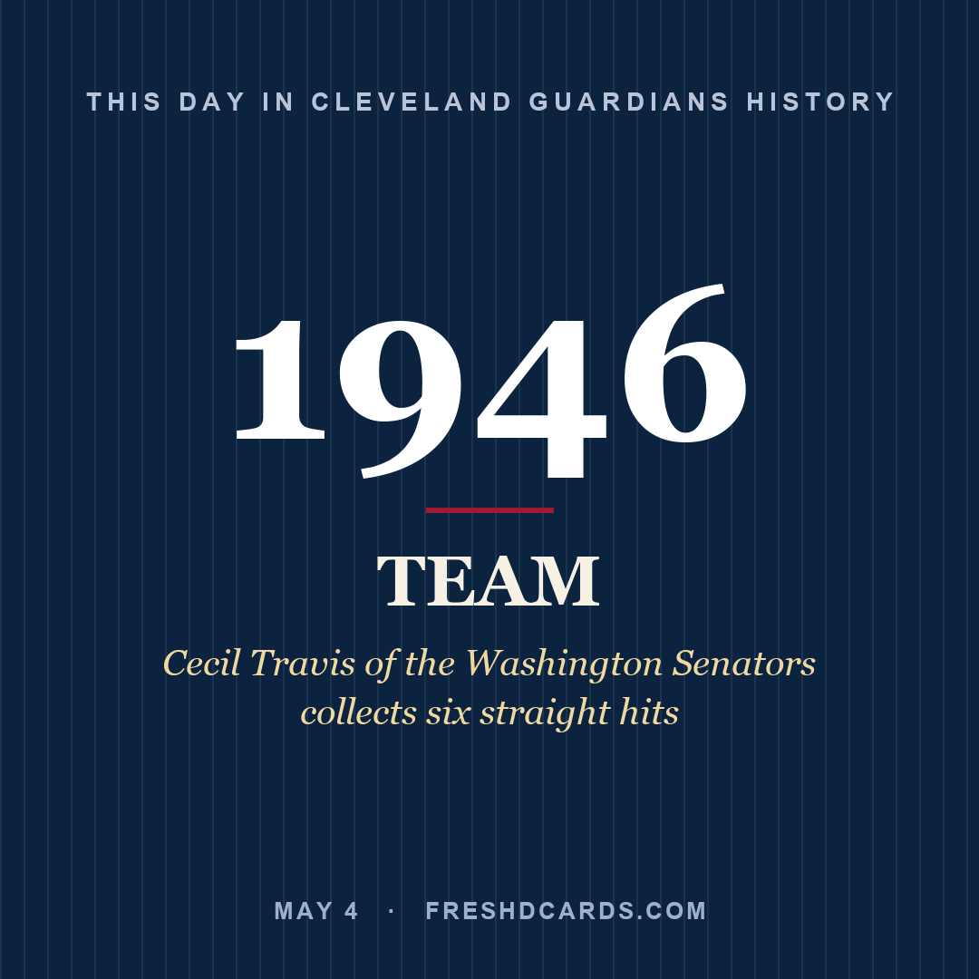Cleveland Guardians: Cleveland Guardians, 1946, Cecil Travis of the Washington Senators collects six straight hits