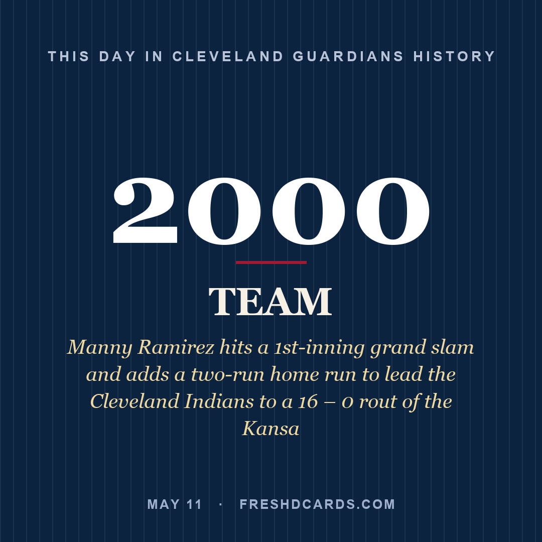 Cleveland Guardians: Cleveland Guardians, 2000, Manny Ramirez hits a 1st-inning grand slam and adds a two-run home run to lead the Cleveland Indians to a 16 – 0 rout of the Kansa