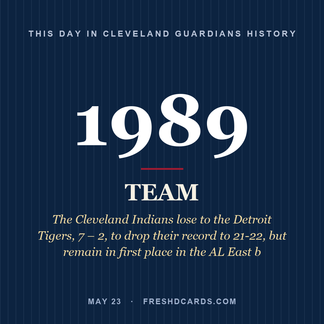 Cleveland Guardians: Cleveland Guardians, 1989, The Cleveland Indians lose to the Detroit Tigers, 7 – 2, to drop their record to 21-22, but remain in first place in the AL East b