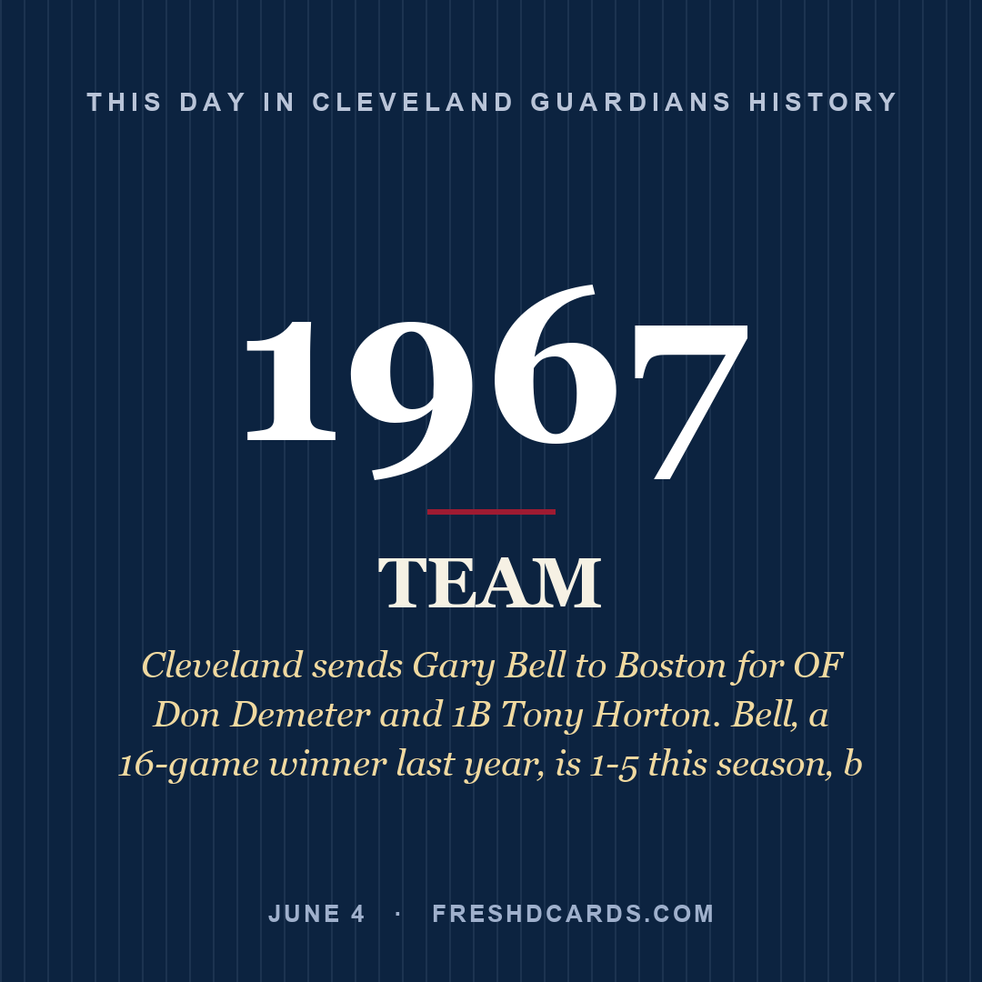 Cleveland Guardians: Cleveland Guardians, 1967, Cleveland sends Gary Bell to Boston for OF Don Demeter and 1B Tony Horton. Bell‚ a 16-game winner last year‚ is 1-5 this season‚ b