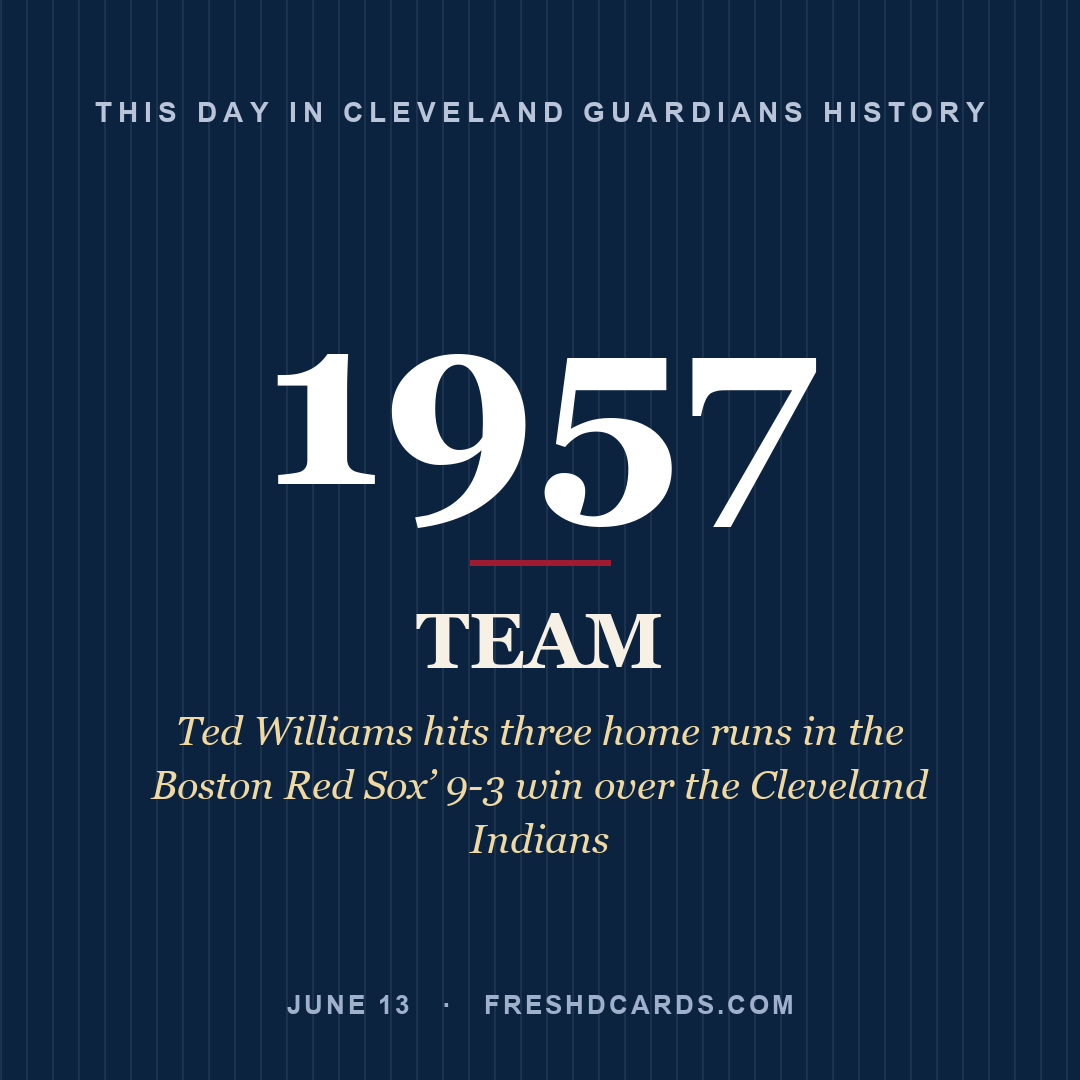 Cleveland Guardians: Cleveland Guardians, 1957, Ted Williams hits three home runs in the Boston Red Sox’ 9-3 win over the Cleveland Indians