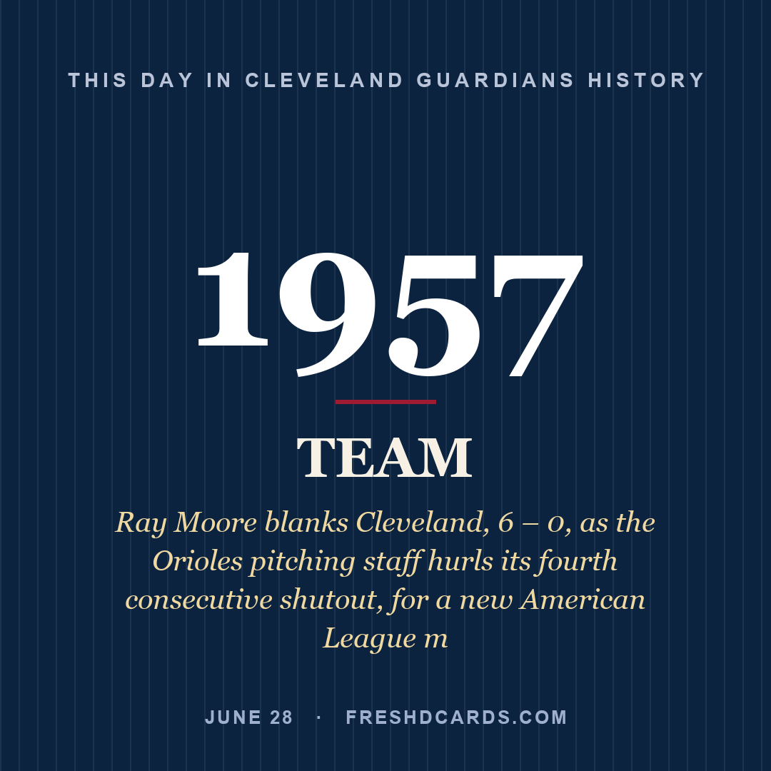 Cleveland Guardians: Cleveland Guardians, 1957, Ray Moore blanks Cleveland, 6 – 0, as the Orioles pitching staff hurls its fourth consecutive shutout, for a new American League m