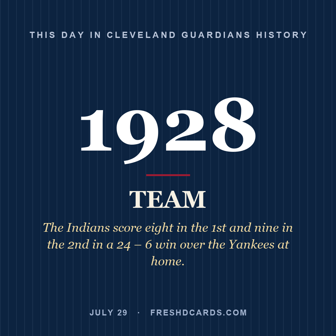 Cleveland Guardians: Cleveland Guardians, 1928, The Indians score eight in the 1st and nine in the 2nd in a 24 – 6 win over the Yankees at home.
