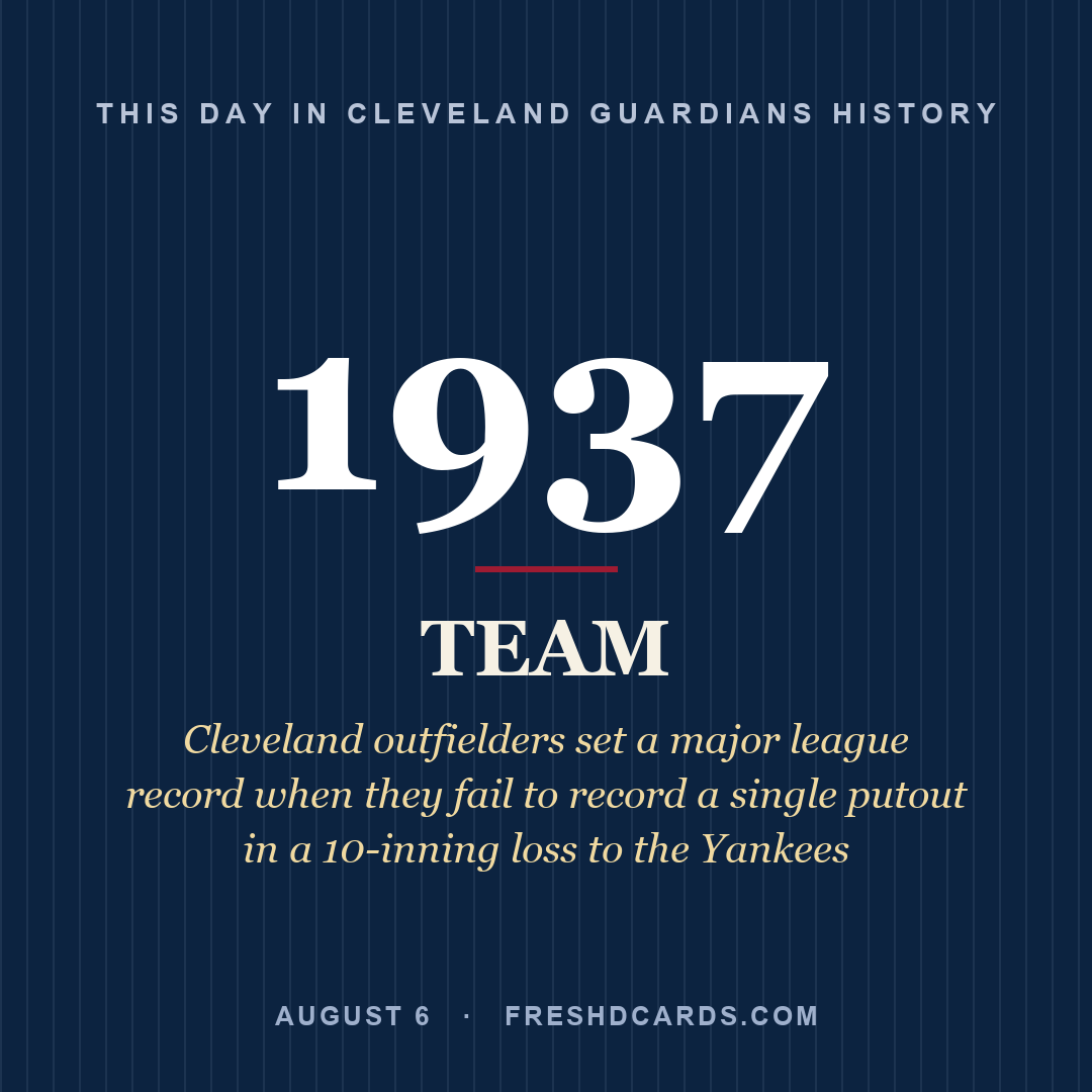 Cleveland Guardians: Cleveland Guardians, 1937, Cleveland outfielders set a major league record when they fail to record a single putout in a 10-inning loss to the Yankees