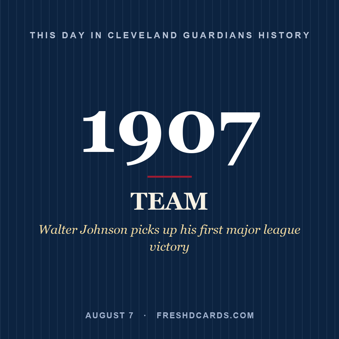Cleveland Guardians: Cleveland Guardians, 1907, Walter Johnson picks up his first major league victory