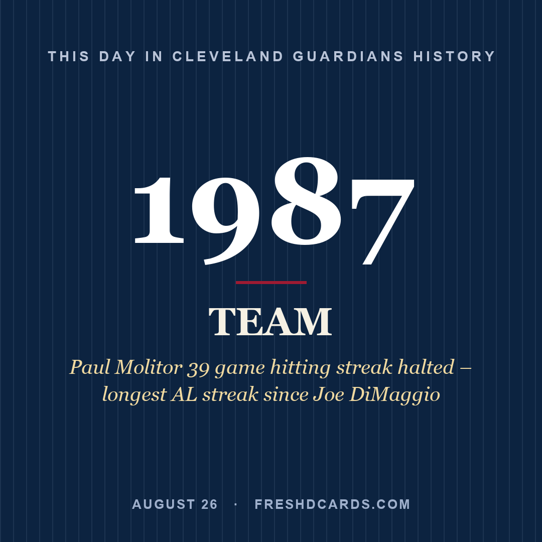 Cleveland Guardians: Cleveland Guardians, 1987, Paul Molitor 39 game hitting streak halted – longest AL streak since Joe DiMaggio