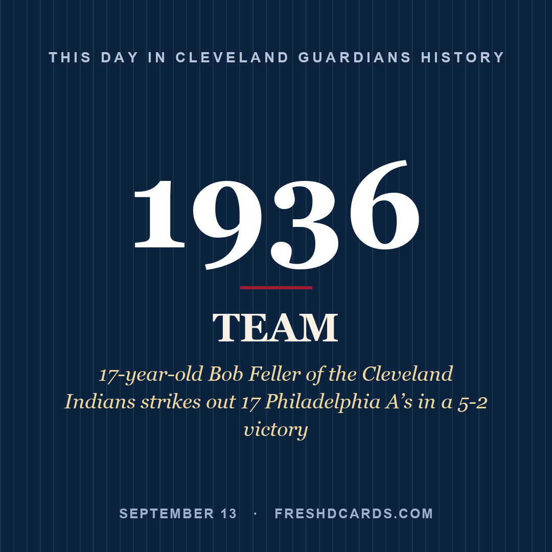 Cleveland Guardians: Cleveland Guardians, 1936, 17-year-old Bob Feller of the Cleveland Indians strikes out 17 Philadelphia A’s in a 5-2 victory