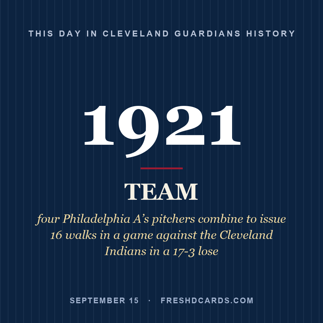 Cleveland Guardians: Cleveland Guardians, 1921, four Philadelphia A’s pitchers combine to issue 16 walks in a game against the Cleveland Indians in a 17-3 lose