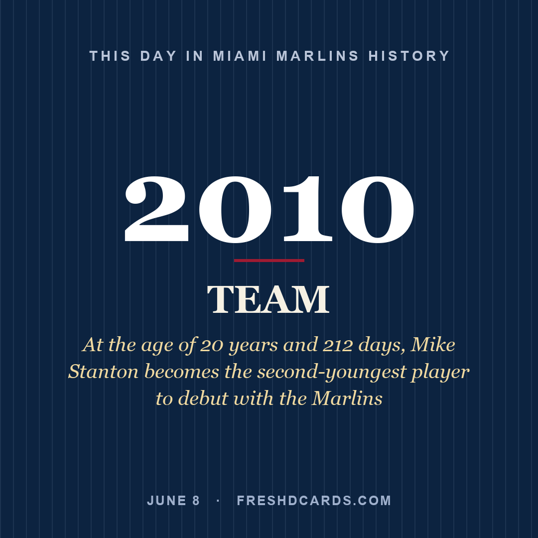 Miami Marlins: Miami Marlins, 2010, At the age of 20 years and 212 days, Mike Stanton becomes the second-youngest player to debut with the Marlins