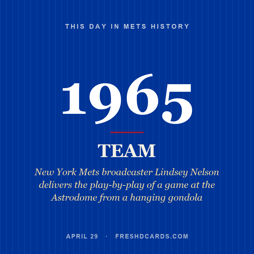 Mets: Mets, 1965, New York Mets broadcaster Lindsey Nelson delivers the play-by-play of a game at the Astrodome from a hanging gondola