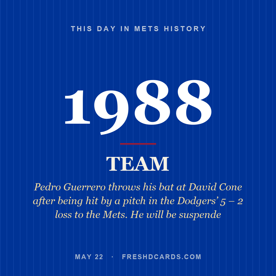 Mets: Mets, 1988, Pedro Guerrero throws his bat at David Cone after being hit by a pitch in the Dodgers’ 5 – 2 loss to the Mets. He will be suspende