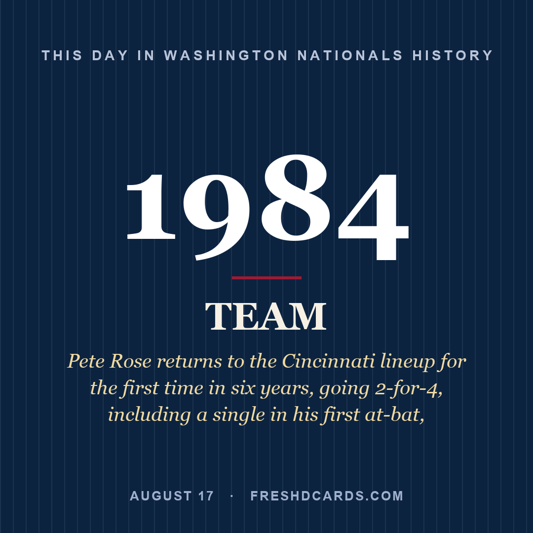 Washington Nationals: Washington Nationals, 1984, Pete Rose returns to the Cincinnati lineup for the first time in six years, going 2-for-4, including a single in his first at-bat,